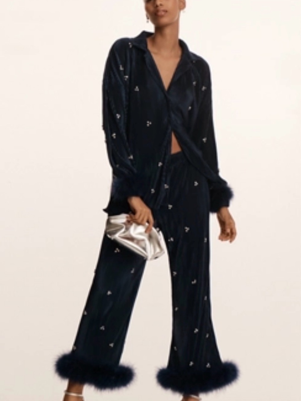 WAVERLES JEWELED PLEATED FAUX FEATHER PAJAMA SET
